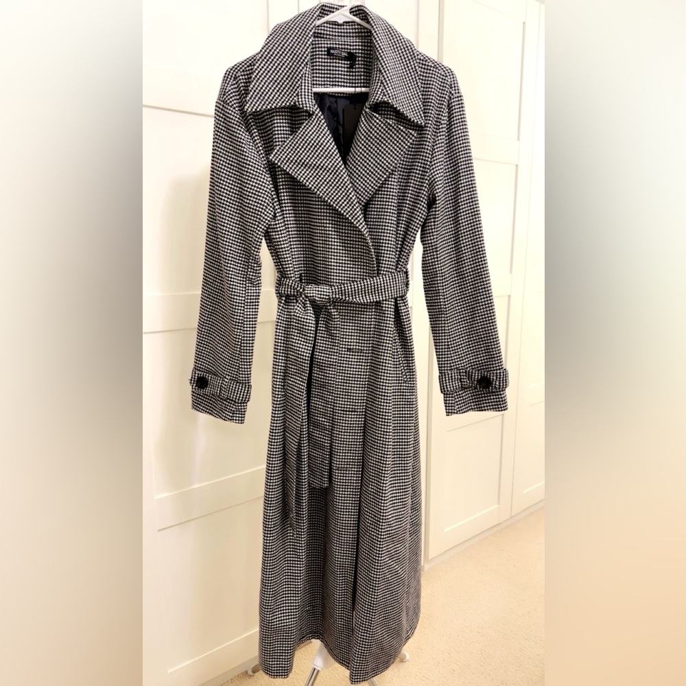 Nasty Gal Black and White Houndstooth Trench Coat